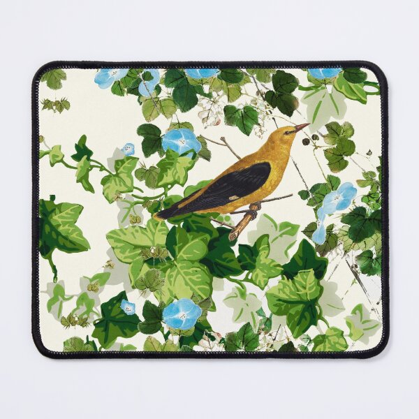 Item preview, YELLOW BIRD AMONG IVY LEAVES AND  MORNING GLORIES Blue Green White Floral designed and sold by BulganLumini.