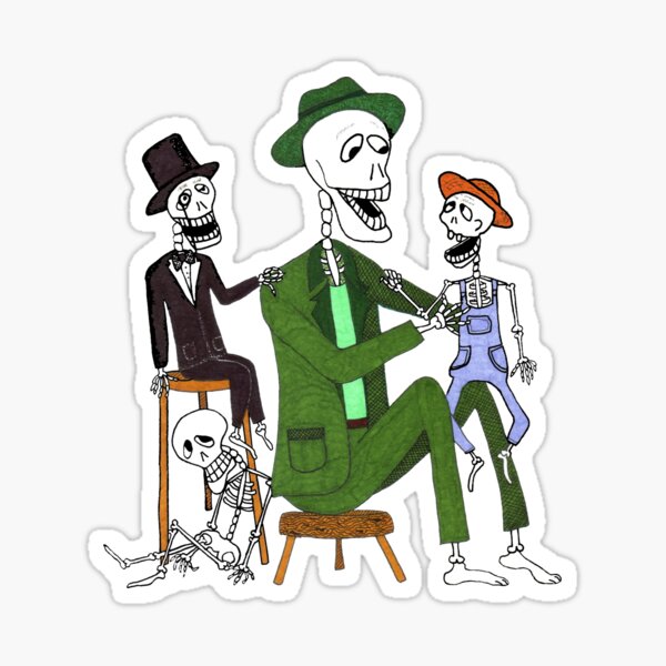 "Skeleton Ventriloquist with 3 Skeleton Puppets Dummies" Sticker for