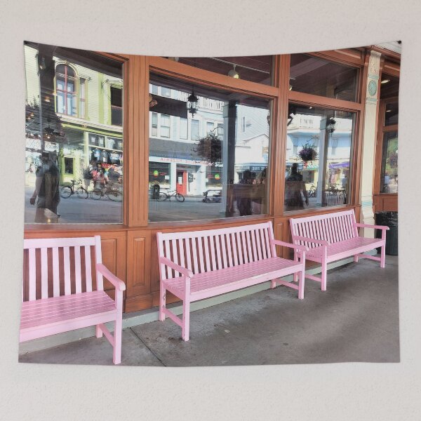 Item preview, Benches at the Pink Pony, Mackinac Island (2021) designed and sold by LoveFromMI.