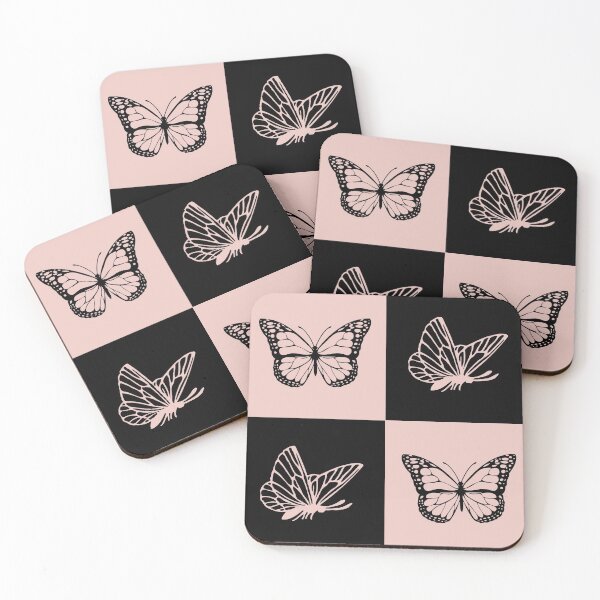 Item preview, Checkered baby pink and black butterflies pattern | Checkboard Butterfly pattern in peach pink and black color designed and sold by Violet Treasures.