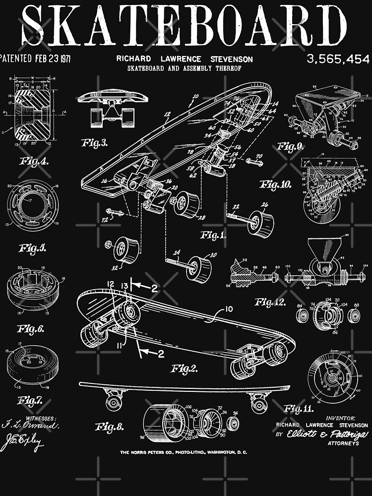 Skater Skateboard Skateboarding Vintage Patent Drawing Print White | Active  T-Shirt