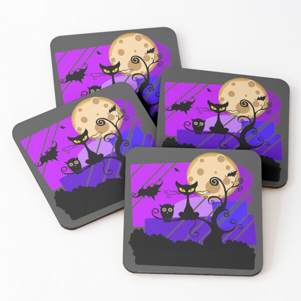 Item preview, Happy Hallowe'en Cute Cat Bats Owl Haunted Halloween Tree Full Moon designed and sold by H3designs.