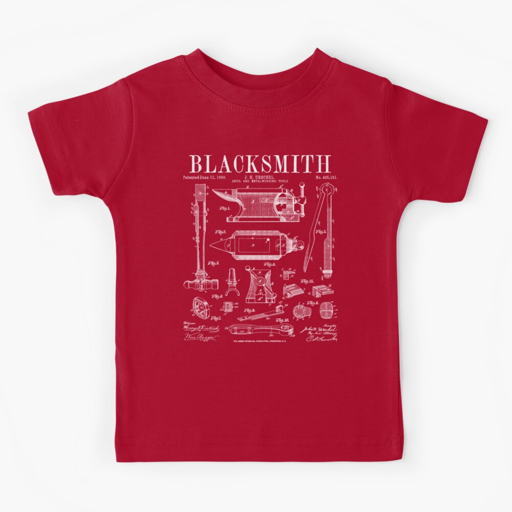 Blacksmith Anvil And Tools Vintage Patent Drawing Print Kids T Shirt