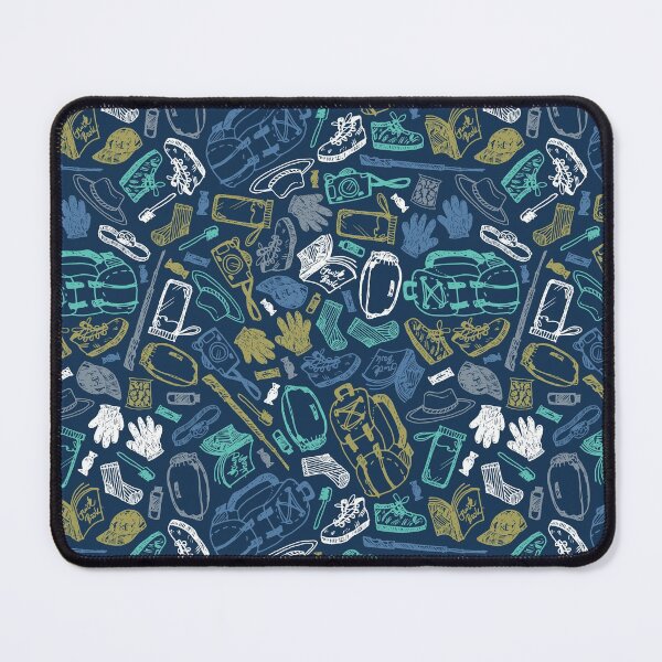 Item preview, Vector blue seamless doodle sketch pattern with objects for trekking and hiking on blue background. designed and sold by jamiesoondesign.