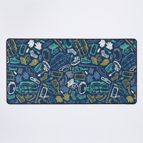 Item preview, Vector blue seamless doodle sketch pattern with objects for trekking and hiking on blue background. designed and sold by jamiesoondesign.