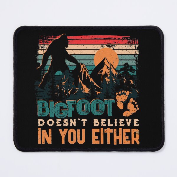 Item preview, Bigfoot Doesn't Believe in you Either Vintage Graphic Sasquatch walking cross mountain forest footprint designed and sold by Dolphin Graphic.