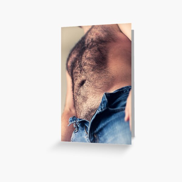 Pablo - Belly / Hairy male torso with furry belly, blue denim jeans zip undone Greeting Card