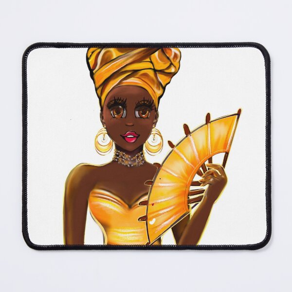 Item preview, Queen Black is beautiful Anime Manga black girl with Gold headscarf, necklace, earrings, gold dress and head wrap, brown eyes and dark brown skin ! designed and sold by Artonmytee.