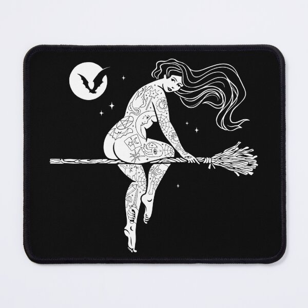 Item preview, Witchy Tattooed Woman Riding Broomstick under Full Moon and Bat designed and sold by SpreadForSatan.