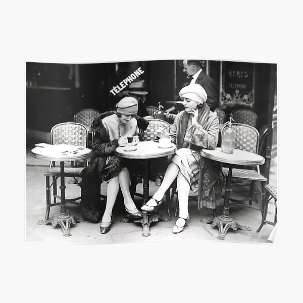 Flappers at Cafe, Black and White Vintage Art Poster