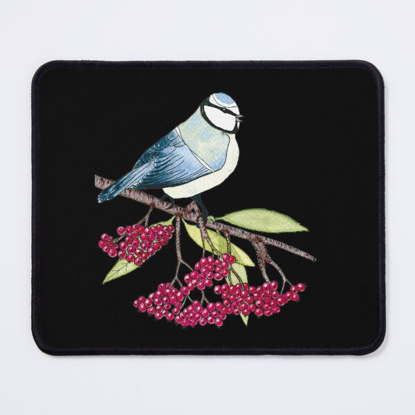 Item preview, Watercolor Blue Bird on a Branch of Rowan - Black Background designed and sold by AlicjaCurioseur.