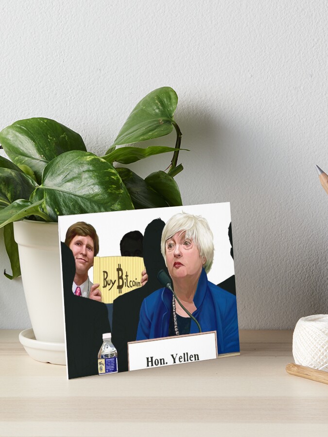 Thumbnail 1 of 2, Art Board Print, Bitcoin Meme Original Watercolor ft. Janet Yellen designed and sold by spiffykings.