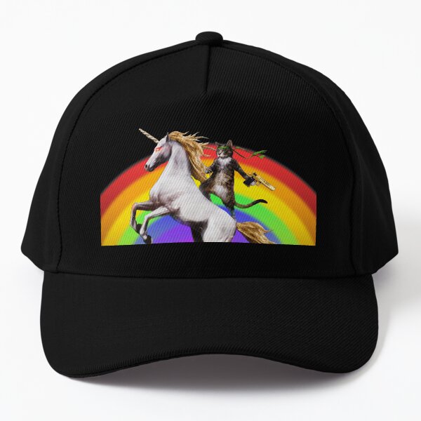 UNICORN, CAT RIDING A UNICORN, CAT, CAT HOLDING A GLOCK, RAINBOW Baseball Cap