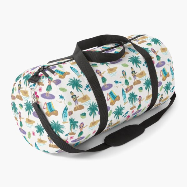 Hawaiian scene, hula girls, ukelele player, beach scene, palm trees, lai, pattern Duffle Bag