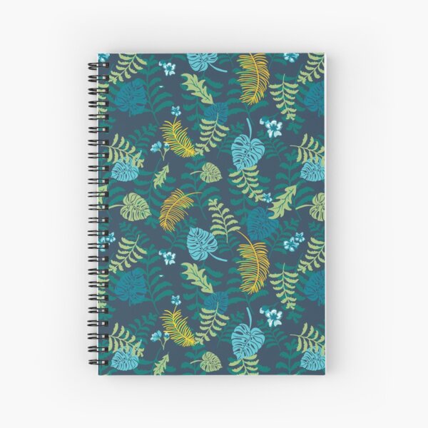 Moody jungle plants on dark background pattern. Palm leaves, ferns, monstera. Spiral Notebook