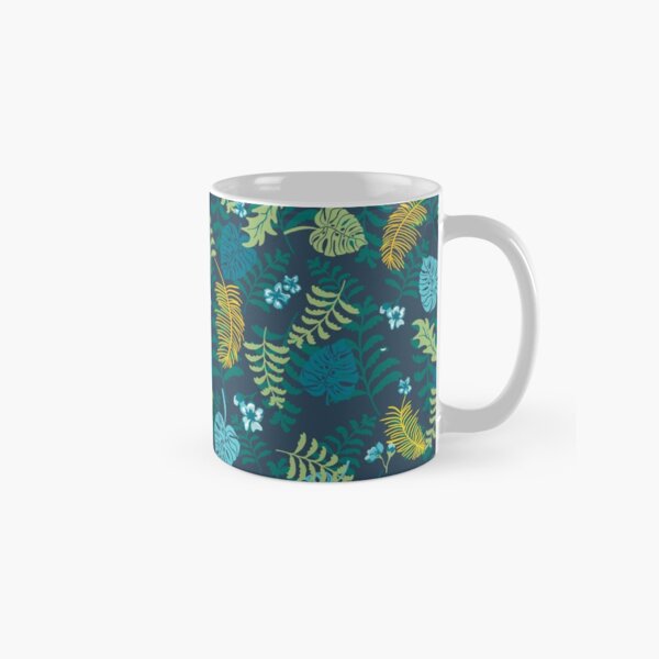 Moody jungle plants on dark background pattern. Palm leaves, ferns, monstera. Classic Mug