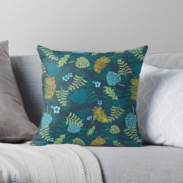 Moody jungle plants on dark background pattern. Palm leaves, ferns, monstera. Throw Pillow