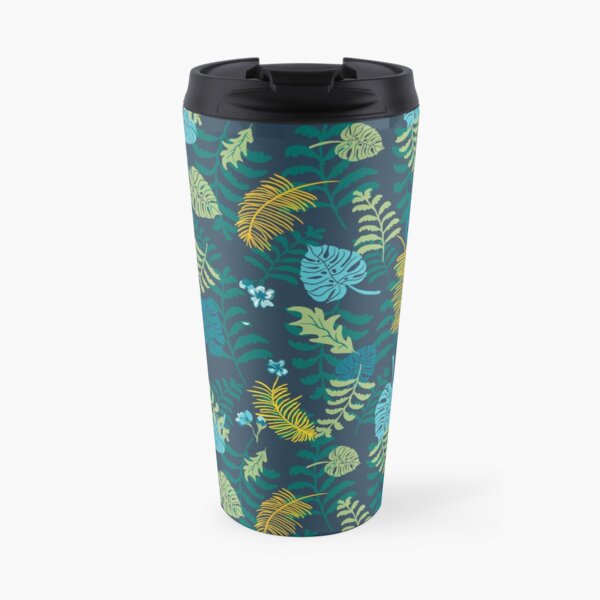 Moody jungle plants on dark background pattern. Palm leaves, ferns, monstera. Travel Mug