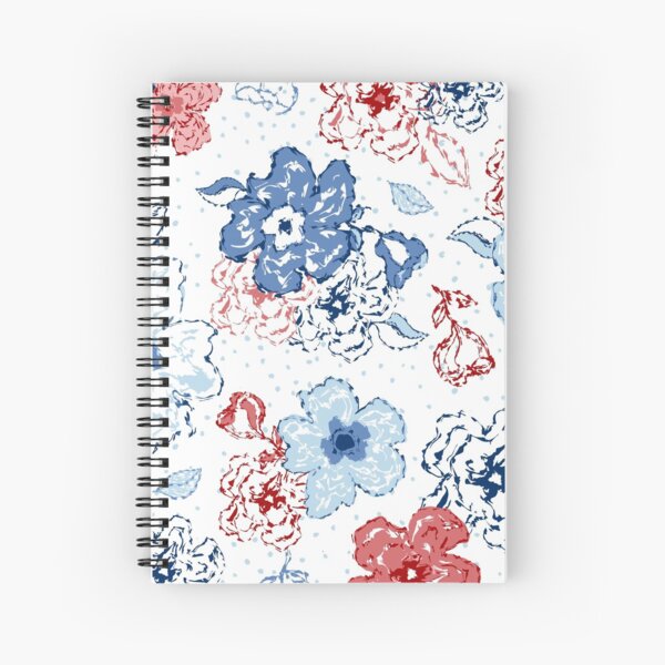 Organic blooms, whimsical flowers, blue and red floral pattern Spiral Notebook