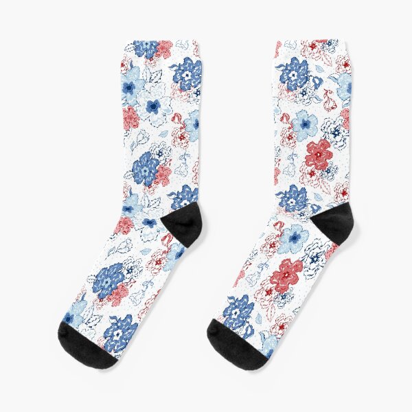 Organic blooms, whimsical flowers, blue and red floral pattern Socks