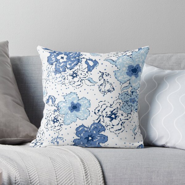 Blue chintz, organic blooms, whimsical flowers pattern, blue tones Throw Pillow