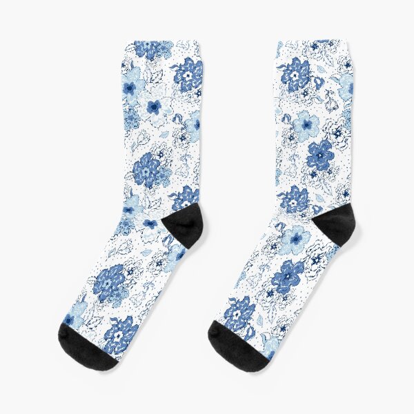 Blue chintz, organic blooms, whimsical flowers pattern, blue tones Socks