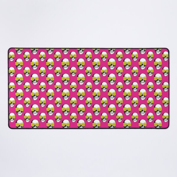 Skull and Roses Pattern | Skull and Flowers Pattern | Skulls and Skeletons | Vintage Skulls | Pink and Yellow | Desk Mat