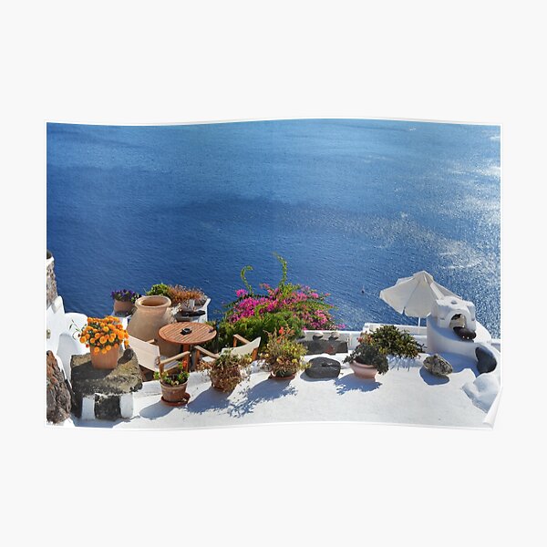 28.09.2016 Photography of traditional and famous houses and churches with blue domes over the Caldera, Aegean sea in Santorini island, Greece. Poster