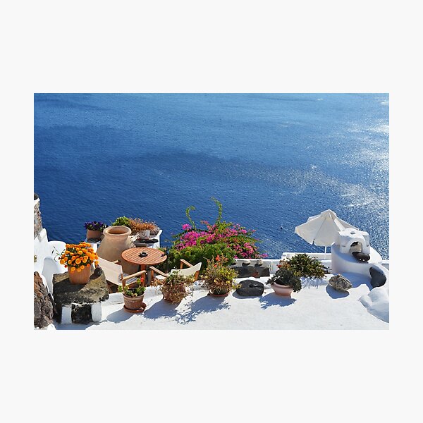 28.09.2016 Photography of traditional and famous houses and churches with blue domes over the Caldera, Aegean sea in Santorini island, Greece. Photographic Print