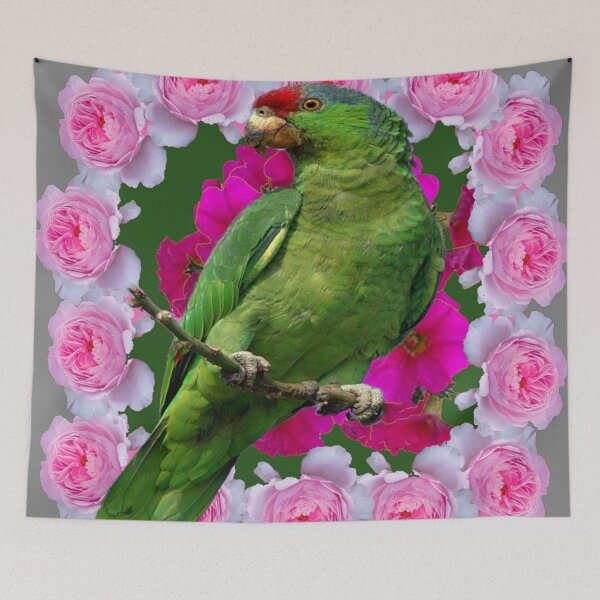 Item preview, DECORATIVE GREEN MACAW PARROT IN PINK ROSE WREATH designed and sold by sharlesart.