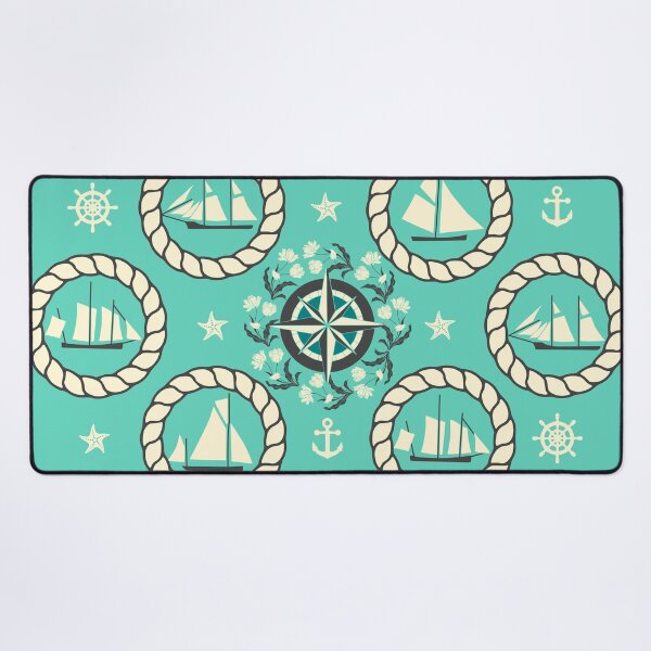 Item preview, Blue Nautical Print with ships, compass, anchor and nautical knots designed and sold by kapotka.