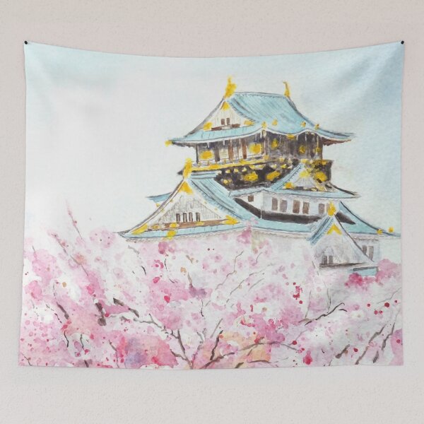 Item preview, hand painted Japan Osaka castle and sakura watercolor painting  designed and sold by ColorandColor.