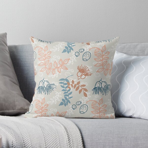 Simple nature, leaves, flowering gum and gum nuts pattern - eco friendly, nature based Throw Pillow