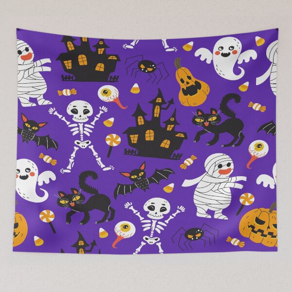 Item preview, Halloween purple festive seamless pattern. endless background with pumpkins, skeletons, bats designed and sold by king's Outfit.