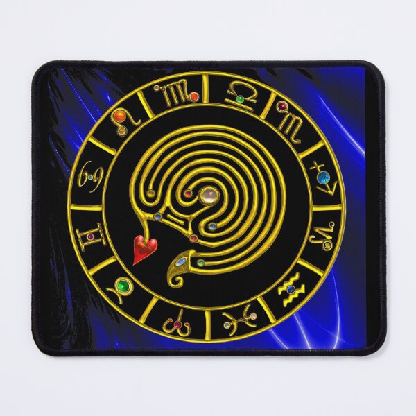 Item preview, GOLD ZODIAC CHART ,MEDIEVAL ASTRAL LABYRINTH WITH GEMSTONES IN BLUE FRACTALS designed and sold by BulganLumini.