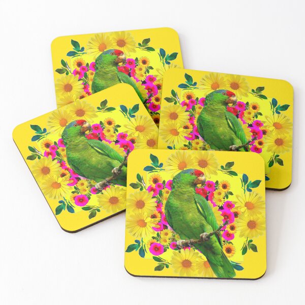 Item preview, GREEN TROPICAL MACAW YELLOW DAISY FLOWERS  GOLD ART designed and sold by sharlesart.