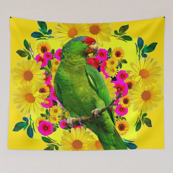 Item preview, GREEN TROPICAL MACAW YELLOW DAISY FLOWERS  GOLD ART designed and sold by sharlesart.
