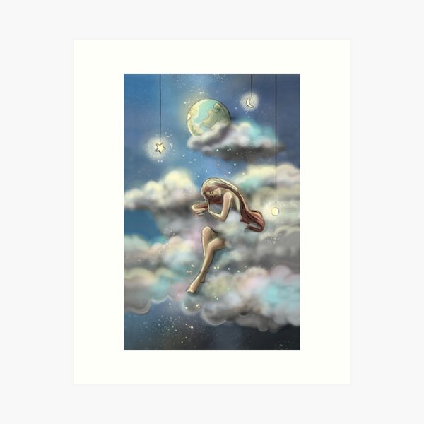 Woman in the clouds, starry sky Art Print