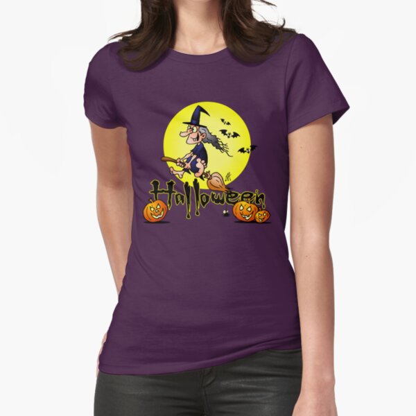 Halloween, witch on a broom, bats and pumpkins Fitted T-Shirt