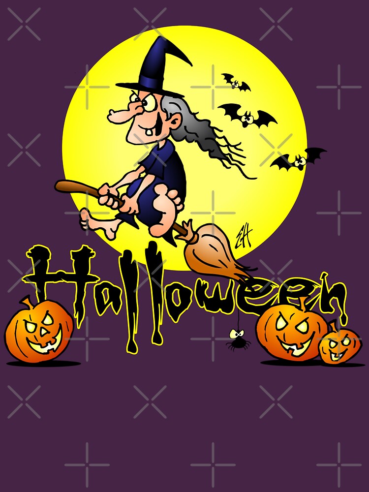 Halloween, witch on a broom, bats and pumpkins by cardvibes