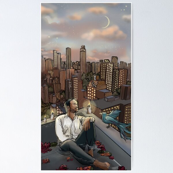 Skyscraper, pensive man and blue bird Poster