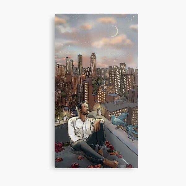 Skyscraper, pensive man and blue bird Metal Print