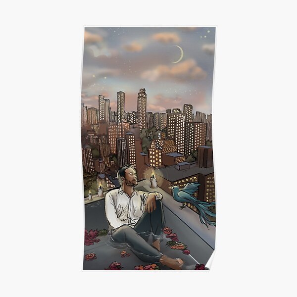 Skyscraper, pensive man and blue bird Poster