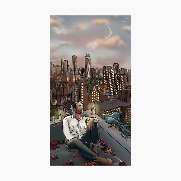 Skyscraper, pensive man and blue bird Photographic Print