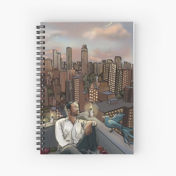 Skyscraper, pensive man and blue bird Spiral Notebook