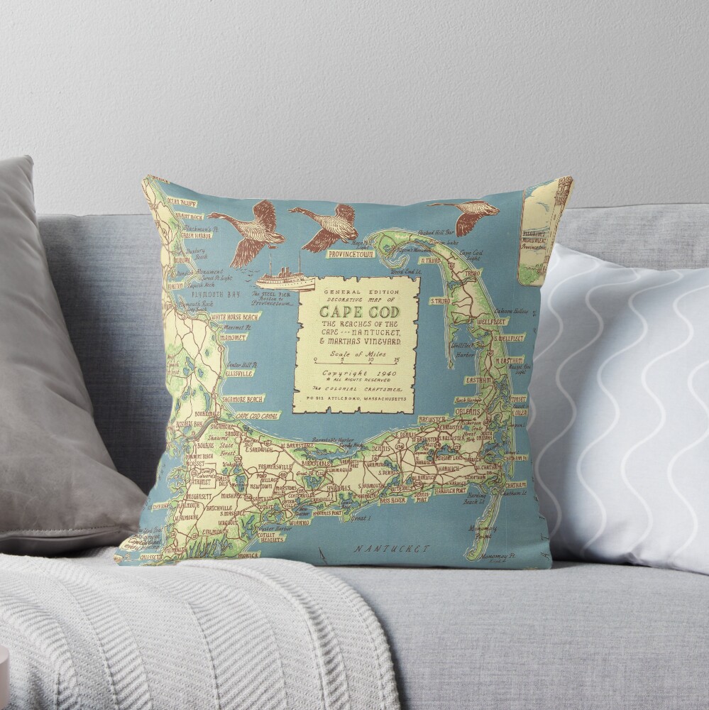 Vintage Map of Cape Cod (1940) Throw Pillow