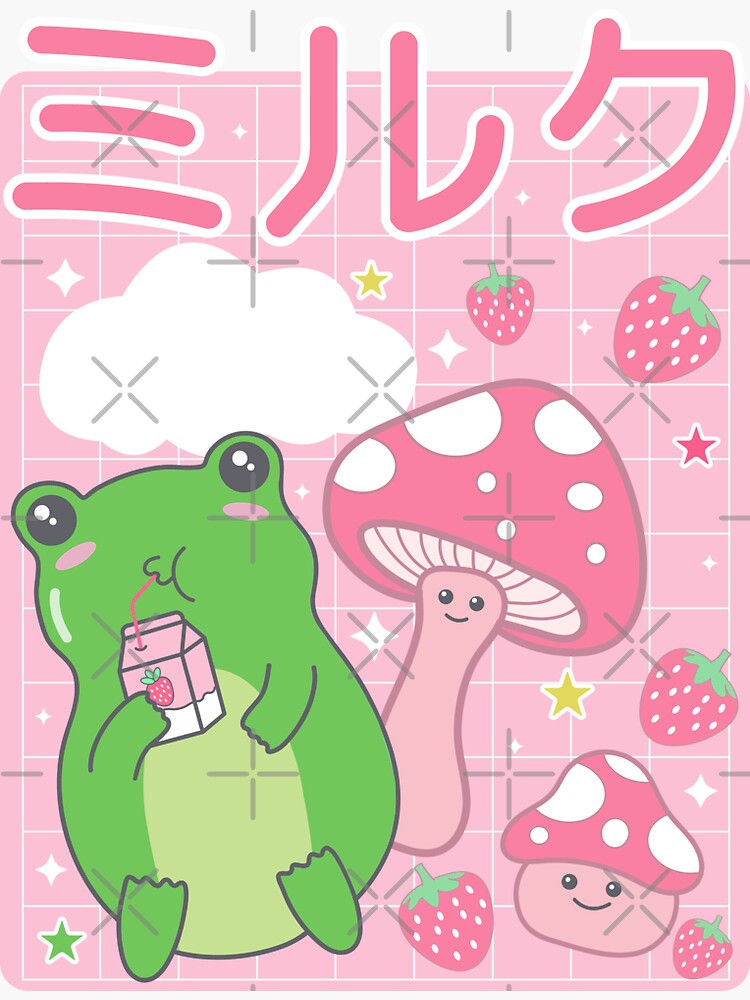 Kawaii Frog Japanese Cottagecore Mushroom Strawberry Milk Retro 90s Sticker For Sale By You