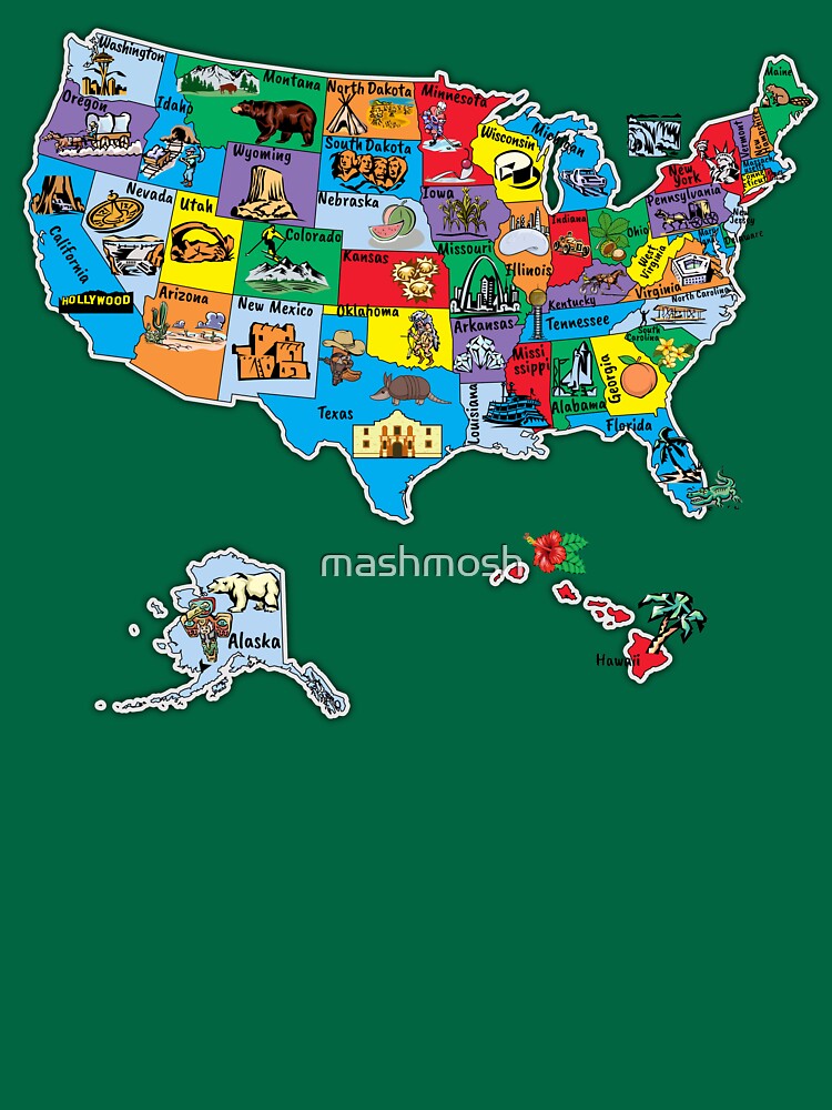 Colorful United States Map State Names Famous Symbols T Shirt For