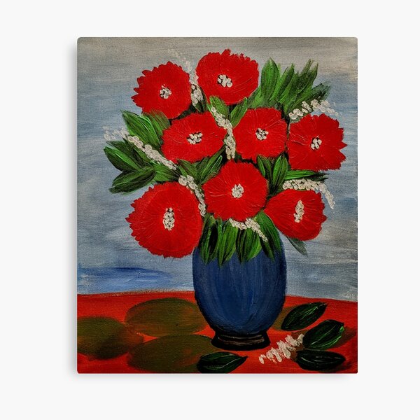 red poppies mixed with white flowers In a blue vase Canvas Print