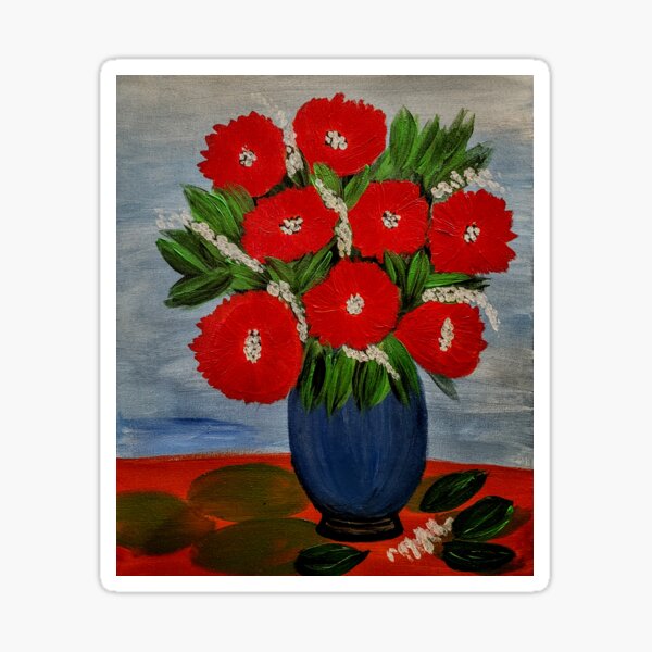 red poppies mixed with white flowers In a blue vase Sticker